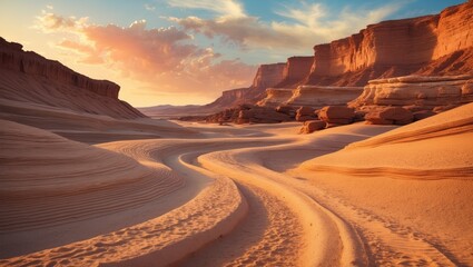 Fototapeta premium Desert canyon landscape with winding sandy path, cliffs, and rock formations during sunset. Natural desert scenery with vibrant sky and layered terrain.