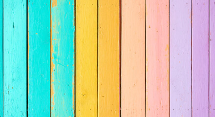 A vibrant and colorful vertical wooden plank background featuring a gradient of pastel shades including turquoise teal yellow orange pink and lavender