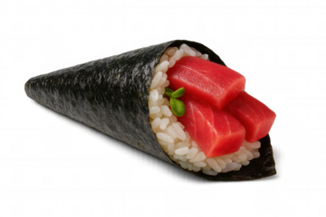 Vibrant temaki sushi roll bursting with fresh tuna, seasoned rice, nori seaweed wrapper against clean transparent backdrop