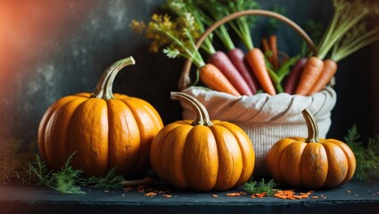 Display of pumpkins and fresh carrots in a basket, autumn harvest vegetables, seasonal produce, fall decor, and healthy eating concept.