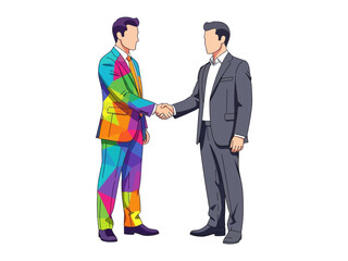 Colorful Collaboration: Two suited professionals seal a deal, embodying the essence of business partnership and collaboration with a vivid splash of color. 