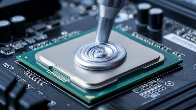 Applying thermal paste on a computer cpu for cooling, ensuring optimal performance and preventing overheating, a crucial step in pc building and maintenance