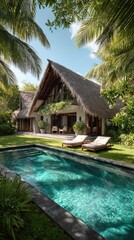 Tropical villa with pool, lush greenery, thatched roof