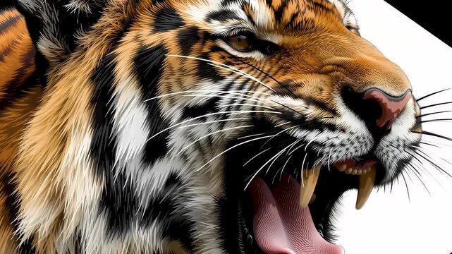 Roaring Tiger Head Close Up with Sharp Teeth and Intense Gaze on Transparent Background