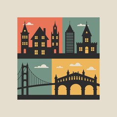 Fototapeta premium Cityscape Silhouettes: An artful collection of cityscape silhouettes. From majestic buildings to iconic bridge, set against colorful, gradient circles. This image exudes a sense of urban charm.