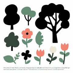 Ecosystem of Flora and Fauna : A set of vector illustrations depicting a variety of simple yet charming flora, including stylized trees, blossoming flowers, and vibrant leaves.