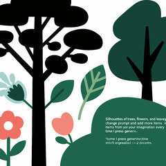 Ecosystem of Flora and Fauna : A set of vector illustrations depicting a variety of simple yet charming flora, including stylized trees, blossoming flowers, and vibrant leaves.