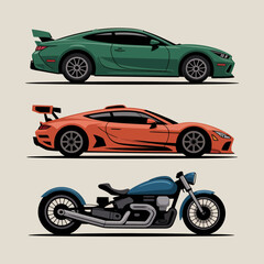 Naklejka premium Transportation Vehicles Collection – Cars, Bikes and Aircraft Vector Set