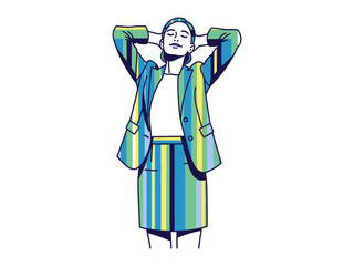 Relaxation and Serenity: This illustration portrays a woman, arms casually behind her head, epitomizing ease and tranquility in a relaxed, modern pose. The artwork conveys a moment of rest.