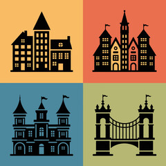 Silhouette Cityscape: A vibrant, graphic representation of a city scape featuring stylized buildings, towers, and a bridge, all rendered in bold, eye-catching colors and silhouette form.