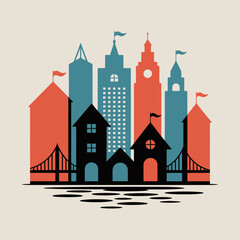 Silhouette Cityscape: A vibrant, graphic representation of a city scape featuring stylized buildings, towers, and a bridge, all rendered in bold, eye-catching colors and silhouette form.