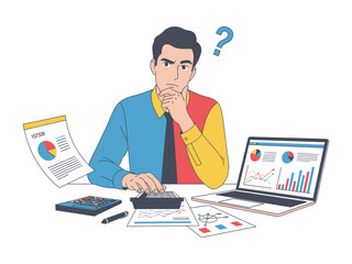 Doubtful Financial Decisions: A business person, surrounded by charts and graphs, struggles with financial analysis. Question mark above head. 