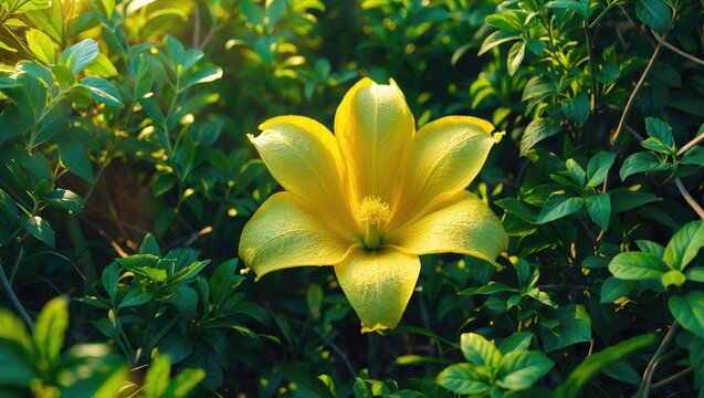 A vibrant yellow flower blooming amidst green foliage. Flower and nature, garden, botanical. The concept of floral beauty and plant life.