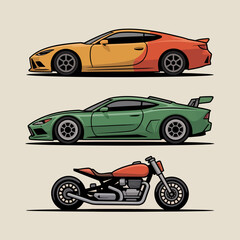 Stylish Transport Collection: A vibrant vector graphic showcasing a collection of cars and a motorcycle. Each vehicle is presented in a distinct color, highlighting design.