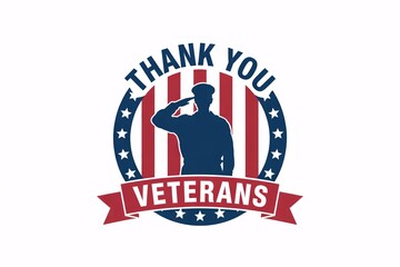 Photo of thank you veterans emblem with a soldier saluting, isolated on white background