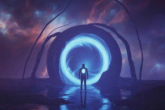 Man standing before a glowing blue portal in a surreal landscape