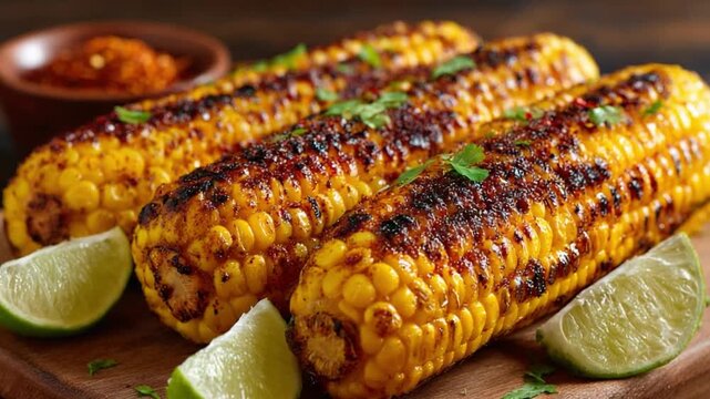 Grilled Corn on the Cob: Savory grilled corn on the cob, with a dash of cilantro and accompanied by lime slices, awaits to tantalize taste buds