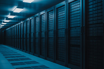 Aisle of dark server racks in a data center