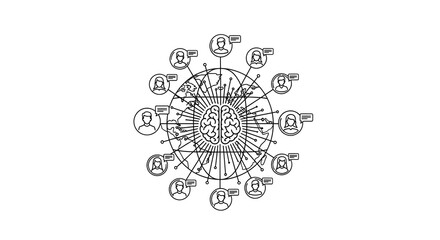 Artificial Intelligence Brain Network with Human User Icons in Line Art Style