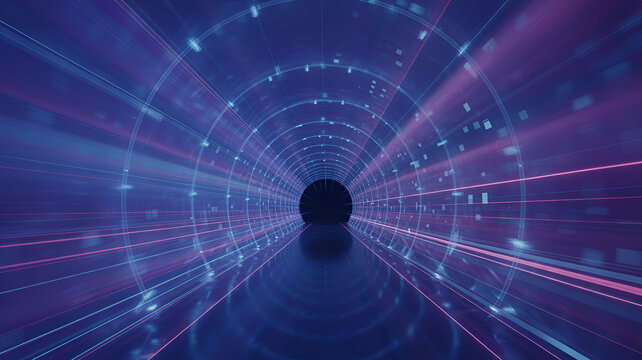Abstract digital data tunnel with light streaks and binary code effect