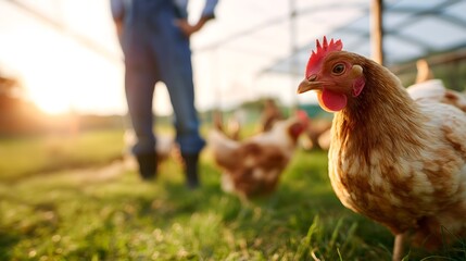 Golden-hour shot of a free-range chicken with a farmer in the background. An ideal image for sustainable farming, organic food, or agricultural concepts.