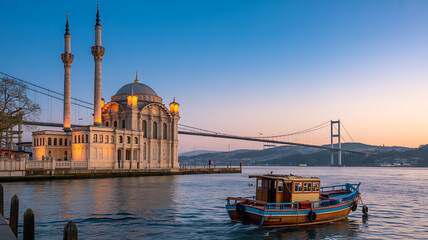 Naklejka premium The ortaky mosque stands beautifully on the bosphorus in istanbul, turkey