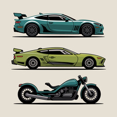 Automotive Dreamscape: An artistic composition featuring three different vehicles: a sleek turquoise sports car, a vibrant green racing car, and a custom-built motorcycle.