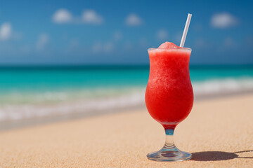 A vibrant red frozen cocktail in a clear glass with a straw stands on the soft sandy beach, with turquoise ocean waves and blue sky in the background. The tropical drink evokes a sense of summer relax