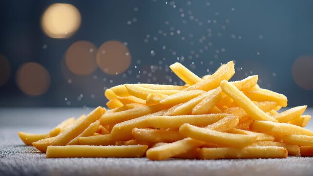 Ultra crispy golden french fry process with salt falling, highlighting delicious fast snack food appeal and inviting potato texture