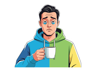 Weary Morning: A tired man, clutching a coffee cup, faces a bleary-eyed start, highlighting the struggles of early mornings and exhaustion.