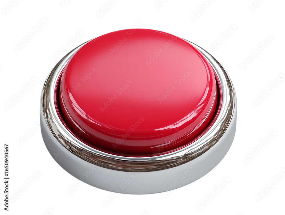 Wall mural close up of a single red button with a silver metallic border on a isolated on transparent backgroun
