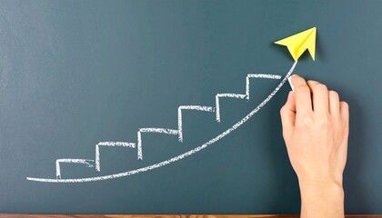 A hand drawing a white staircase with an upward-curving arrow on a dark gray background. Perfect for advertising business, success, and growth concepts 