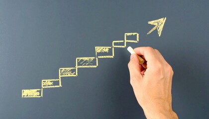 A hand drawing a white staircase with an upward-curving arrow on a dark gray background. Perfect for advertising business, success, and growth concepts 