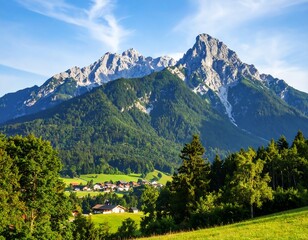 Majestic Alpine Peak Overlooking Verdant Valleys and Traditional Settlement Charm
