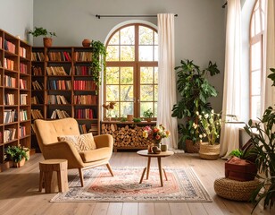 Cozy library living room with large windows