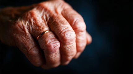 Fototapeta premium An evocative close-up image of a wrinkled hand forming a fist, adorned with a simple gold ring, reflecting the passage of time and the rich experiences of a life's journey.