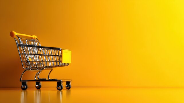 A small, shiny shopping cart sits against a vivid yellow backdrop, symbolizing consumerism and shopping experiences, evoking a sense of optimism and excitement.