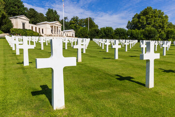 Tombstones and chapel at the Suresnes American Cemetery in Suresnes, Hauts-de-Seine, France