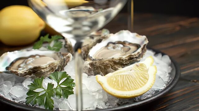 Fresh Oysters Served on Crushed Ice with Lemon Wedge and Parsley with Glass of White Wine on Dark Wooden Table