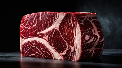 Fresh beef steak with marbling texture on a dark background.