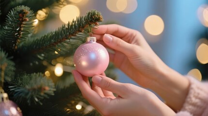 Decorating the Christmas tree. Close up of a woman's hands hanging a delicate pink bauble on a christmas tree branch with bokeh lights.