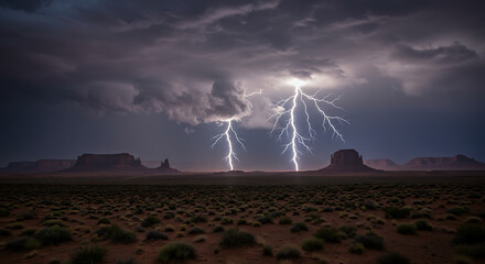 Lightning strikes over a desert landscape at night.