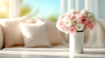 A beautifully arranged bouquet of fresh flowers in a bright vase, positioned on a table in a cozy living room, representing warmth, love, and homely aesthetics.