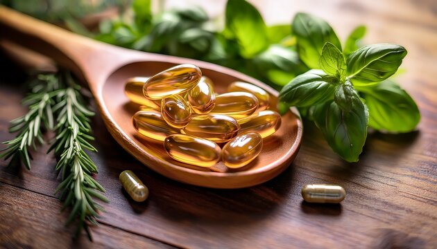 wooden spoon overflows vitamin capsules nestled amidst vibrant fresh basil mint and rosemary showcasing essence of herbal wellness and plant based nutrition