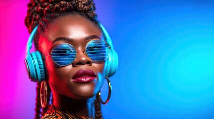 A vibrant portrait of a stylish woman in sunglasses and headphones surrounded by colorful hues, representing modern fashion and the blend of music and identity in contemporary culture.