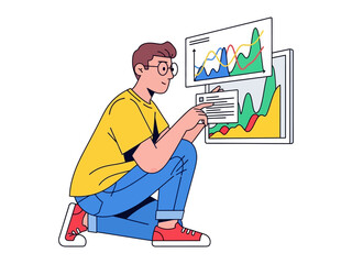 Data Analysis & Insight: A diligent analyst is deeply immersed in his data analysis, meticulously examining charts and graphs to reveal hidden trends.