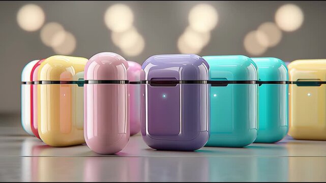 Row of colorful earbuds are displayed on a table. The earbuds are in various colors, including pink, yellow, and green. The earbuds are arranged in a neat row, with some placed closer to the front