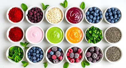 Vibrant assortment of fresh berries jams and seeds arranged in oval bowls with mint leaves on a white background