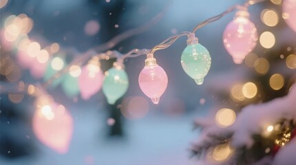 Festive Christmas Lights. A string of glowing pink and mint green Christmas lights outdoors in the snow with a dreamy bokeh background.