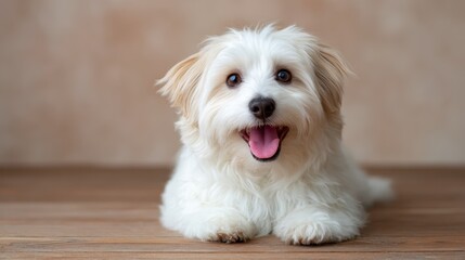 This charming image captures a fluffy dog with an expressive face, lying on a wooden floor and exuding a joyful demeanor that brightens any space.